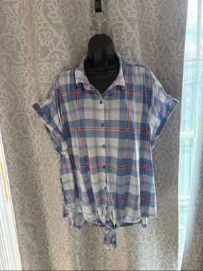 Casual Blue Plaid Tie-Front Womens Shirt